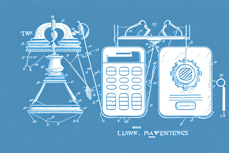 Two distinct objects representing law and finance such as a gavel and a calculator