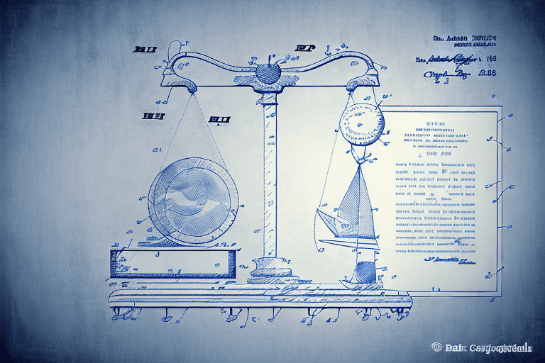 A balanced scale with a patent document on one side and a book labeled 'mpep' on the other