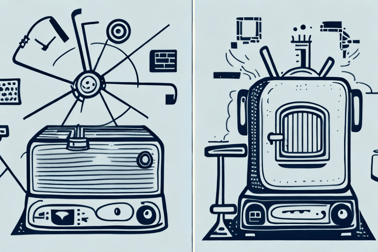 Two contrasting images - one side showing a factory with machinery producing goods (representing a method of manufacturing) and the other side showing a product like a toaster in use (representing a method of using)